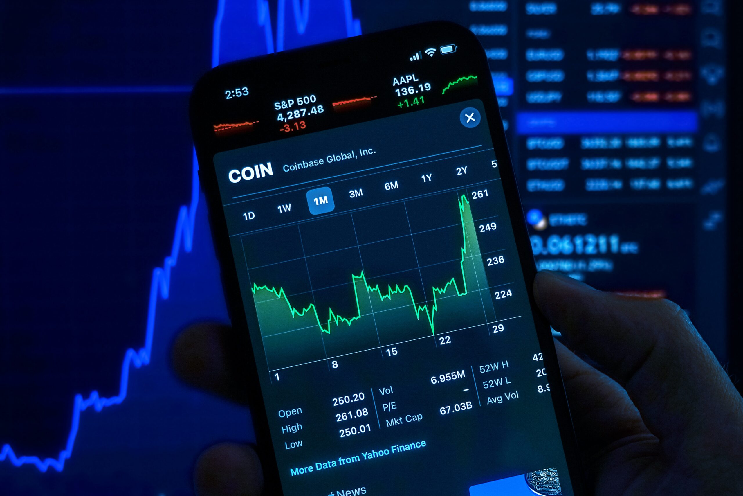 A stock market chart is being shown on a mobile screen representing that investing in stock market may lead to financial independence