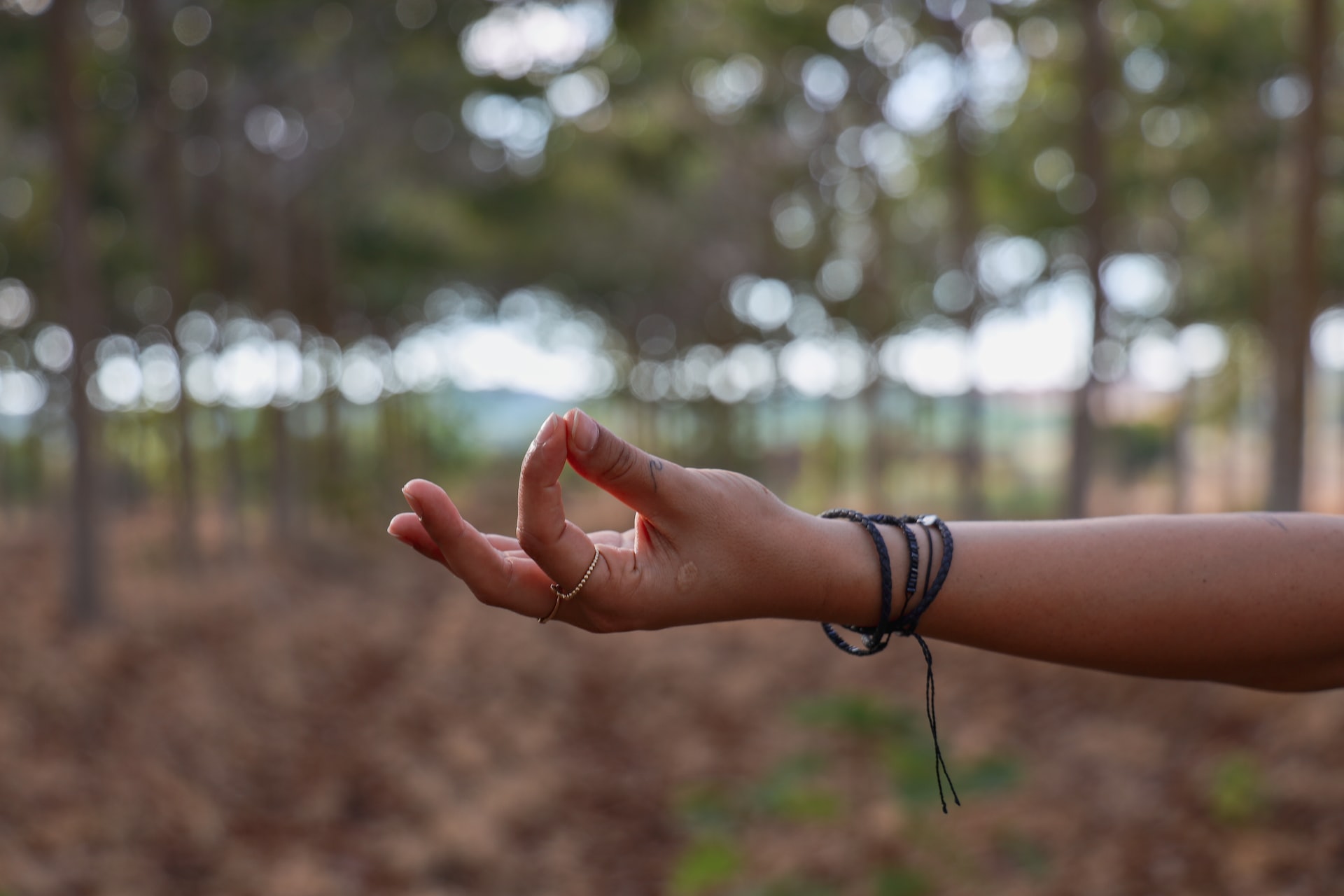 A Woman's had in Yoga Mudra along side a nature background