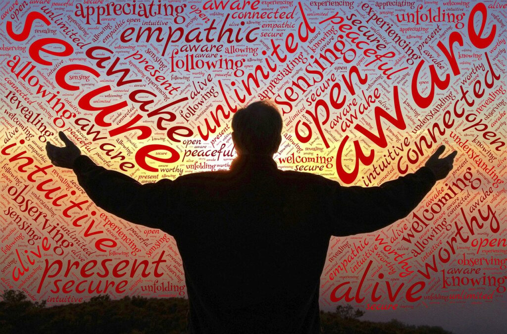 Awareness Poster with words like aware, emphatic, open unlimited written with a silhouette image of man with his back towards us